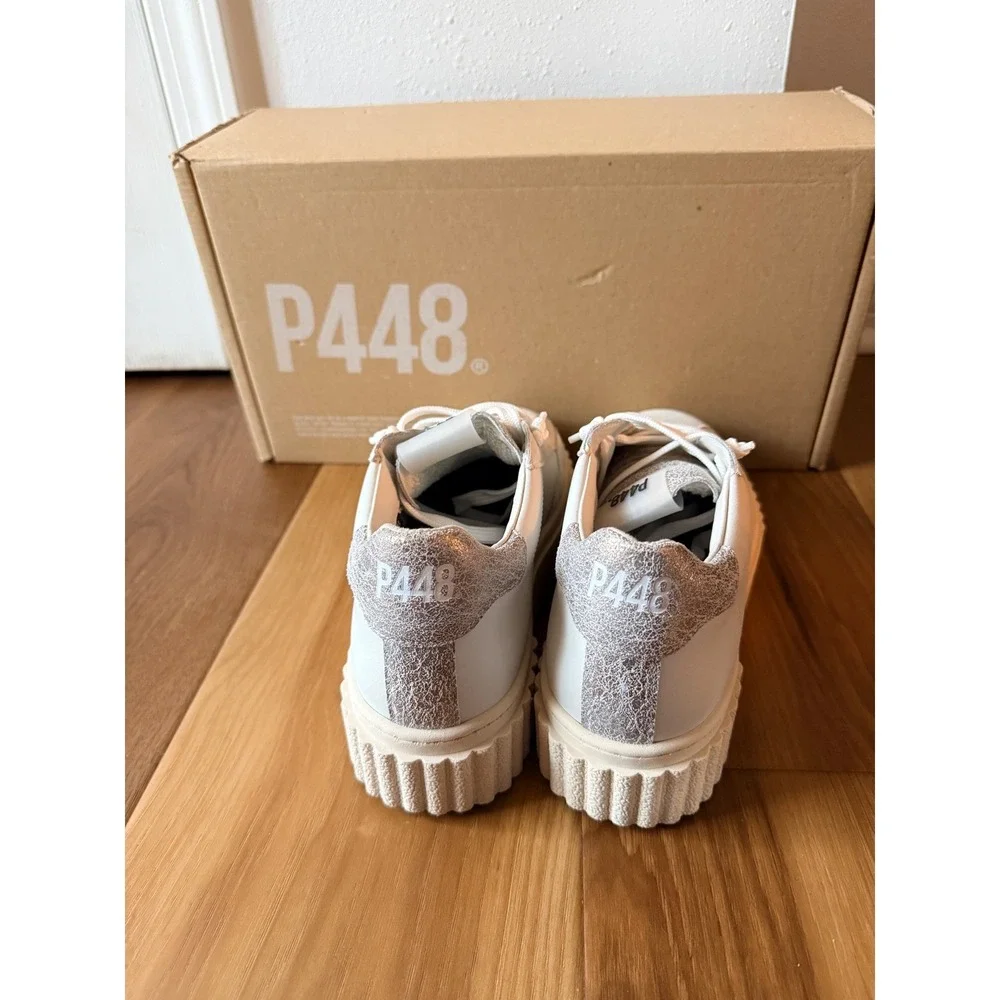 P448 Womens Creeper Platform Sneakers White‎ Pluto Leather Glitter Size 9/39